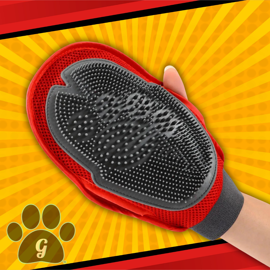 red pet grooming mitt worn on right hand