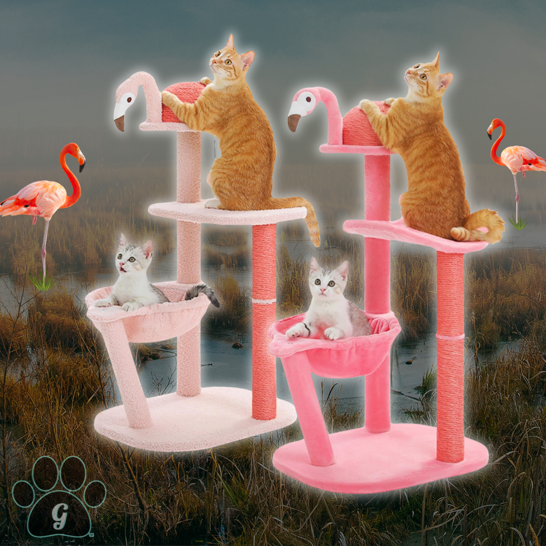 flamingo themed cat tree tower in two shades of pink