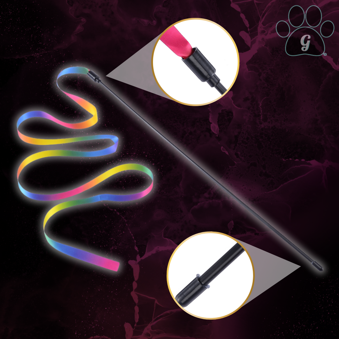 detailed look at handheld rainbow ribbon cat teaser wand toy