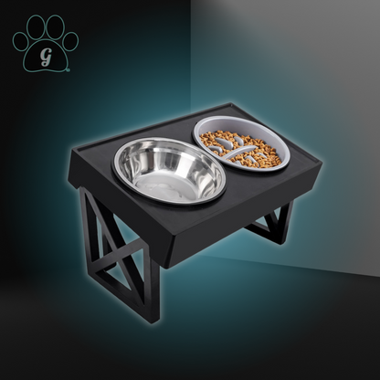 elevated and angled pet feeding set with stainless steel bowl and slow feeder bowl