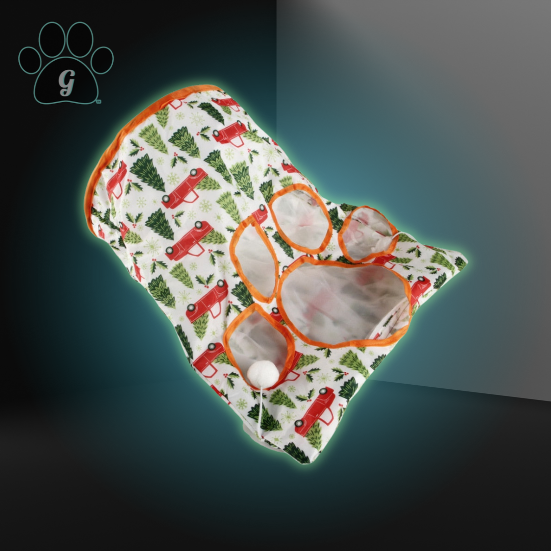 white cat tunnel bag with holiday print