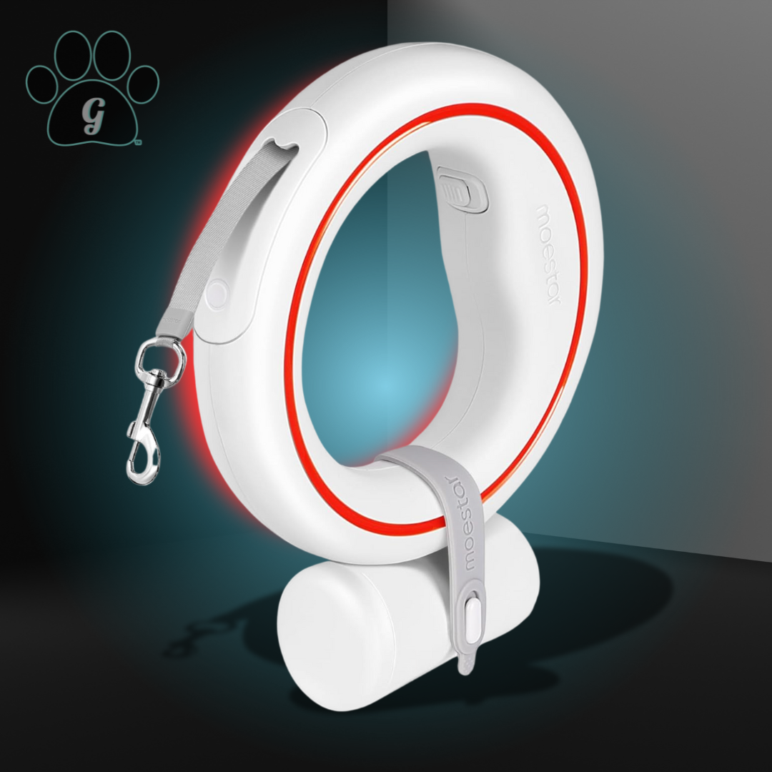 white circular retractable leash with attached bag dispenser and red LED light