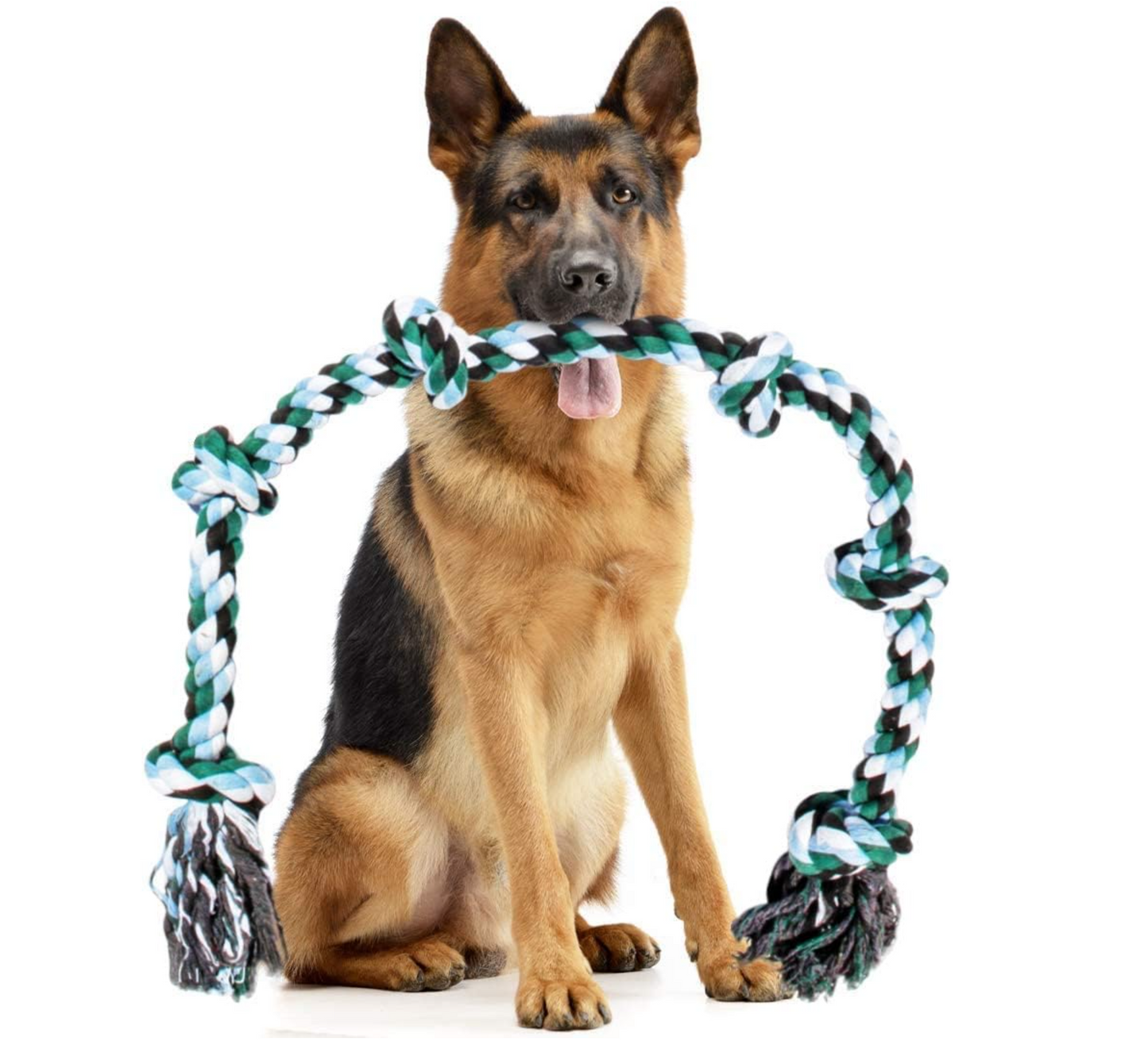 Green, light blue, black, and white jumbo sized rope toy carried by a German Shepherd.