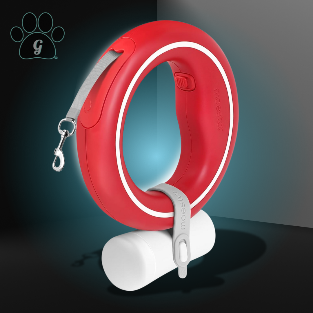 red circular retractable leash with attached bag dispenser and white LED light