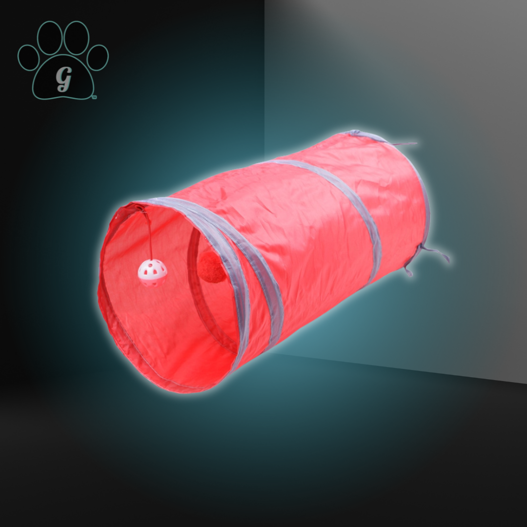 red cat tunnel toy with hanging balls