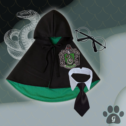 black and green Hogwarts costume with tie and glasses