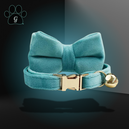 blue cat collar with metal buckle and bell and bowtie