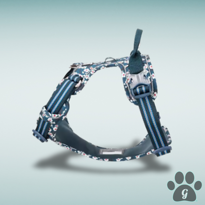 navy blue dog harness with daisy print