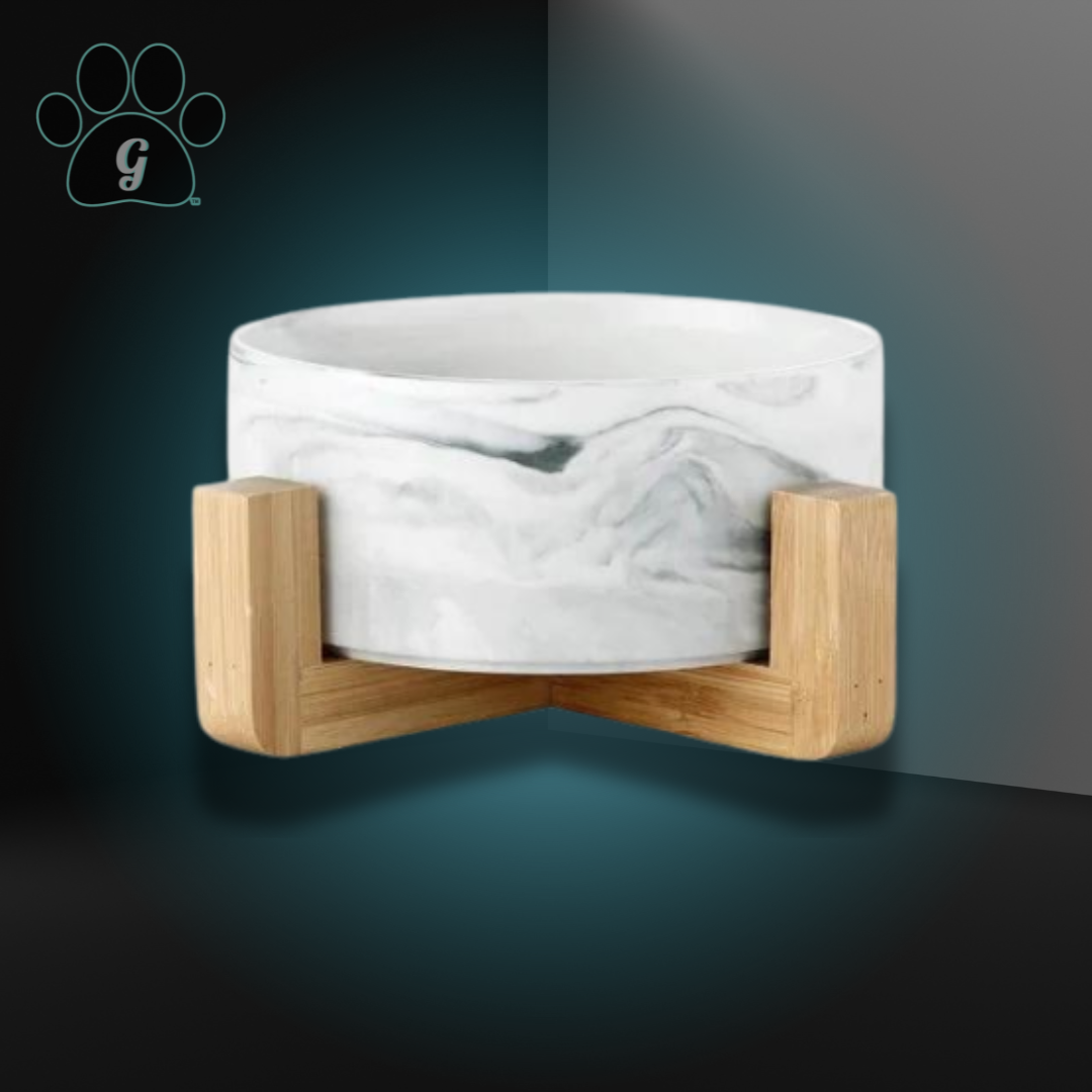 ELLY Marble Series Ceramic Pet Bowl with Bamboo Stand