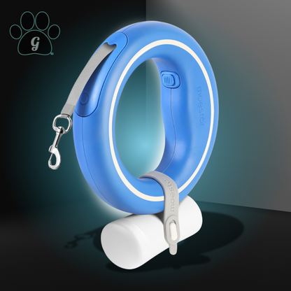 blue circular retractable leash with attached bag dispenser and white LED light