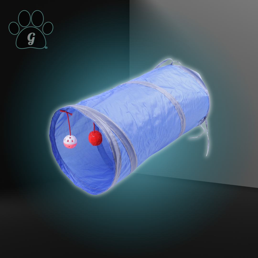 blue cat tunnel toy with hanging balls