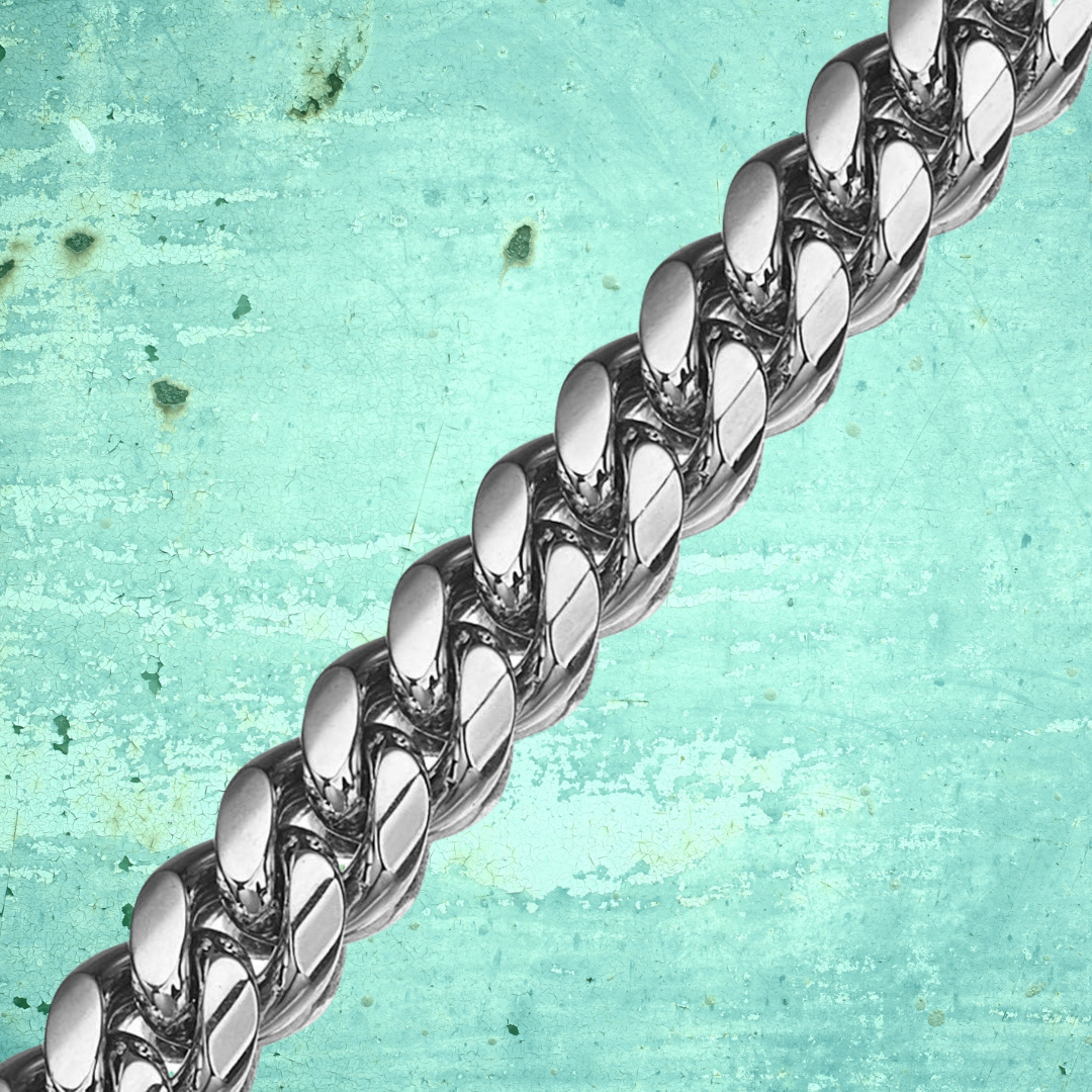 Close up of stainless steel chain links.