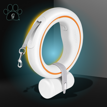 white circular retractable leash with attached bag dispenser and orange LED light