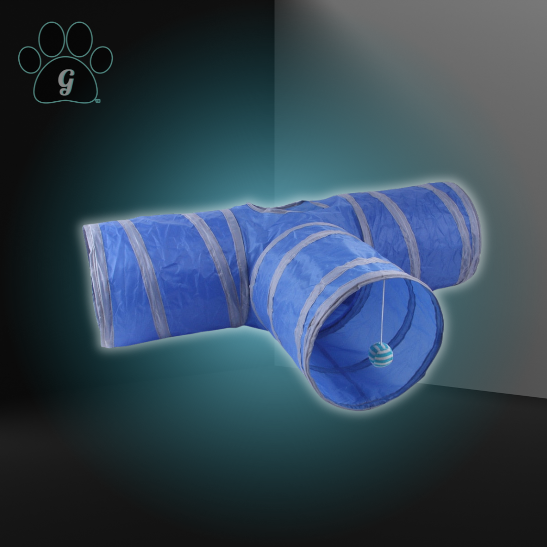 blue and gray 3 way cat tunnel toy