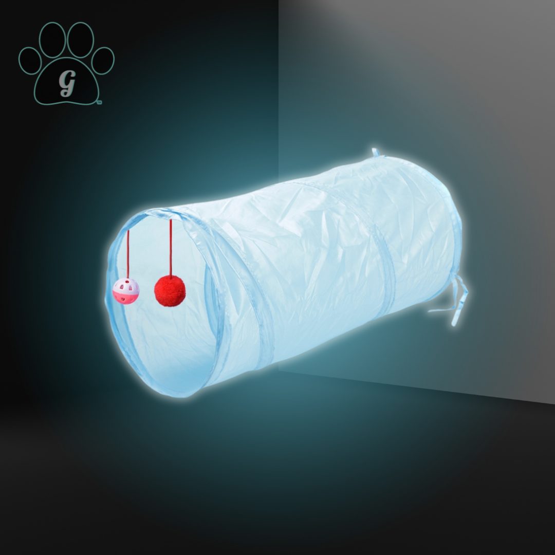 light blue cat tunnel toy with hanging balls