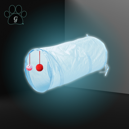 light blue cat tunnel toy with hanging balls