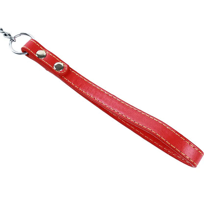 close up of red leather handle