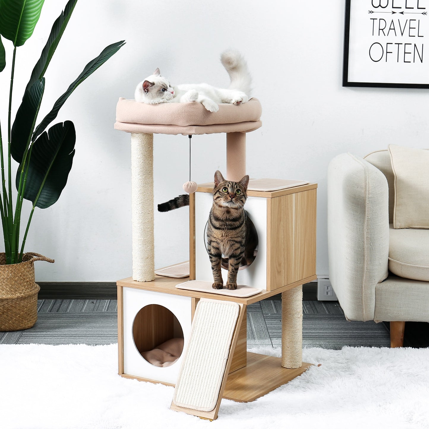 natural wood cat condo shown in room