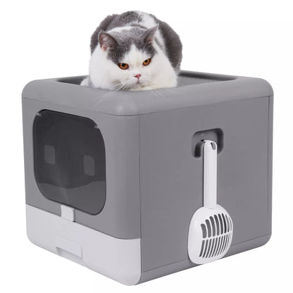 gray enclosed litter box with attachable scooper and cat sitting ontop