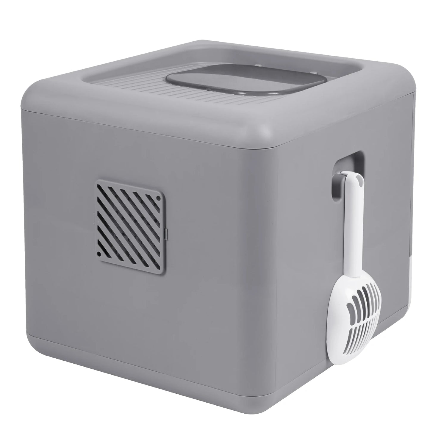 rear side of gray enclosed litter box with attachable scooper 