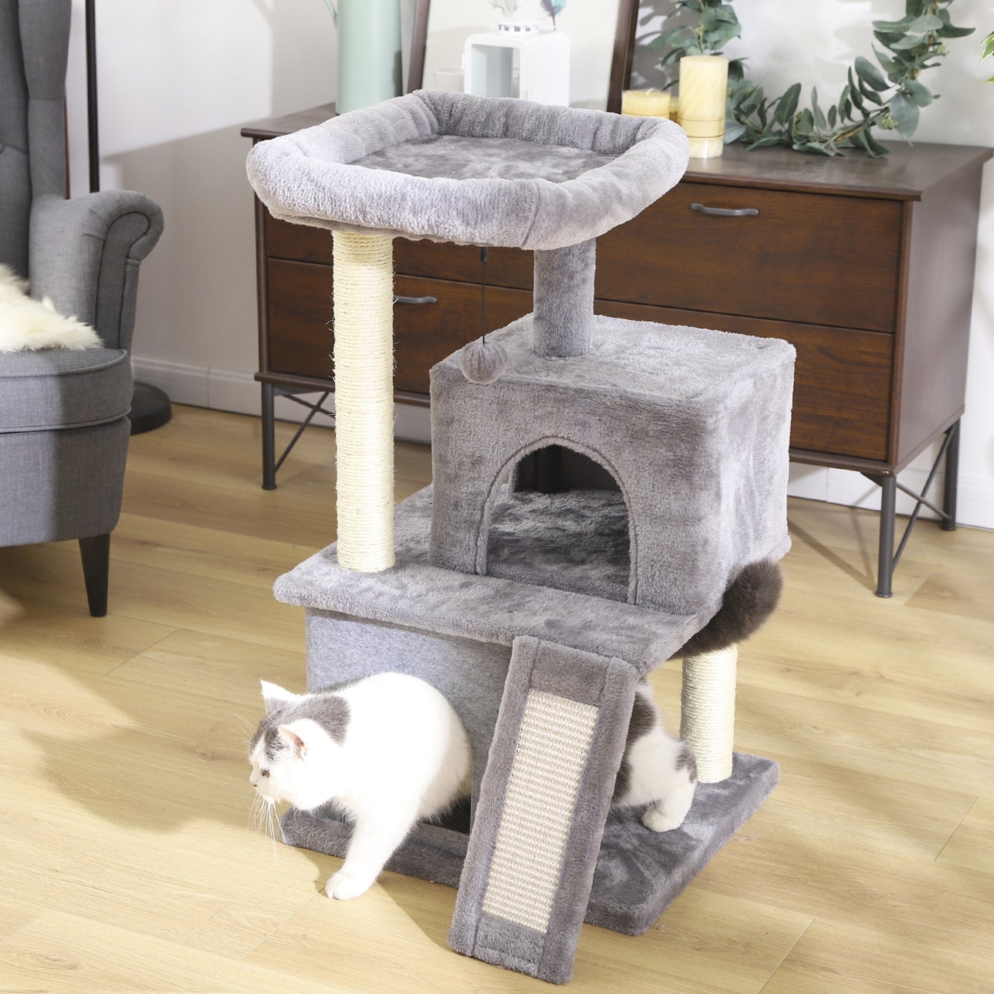 gray cat condo shown in room