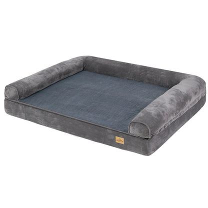 Gray orthopedic bolster dog bed for large dogs.