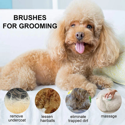 Use cases include removing undercoat, lessening hairballs, eliminating trapped dirt, and massage.