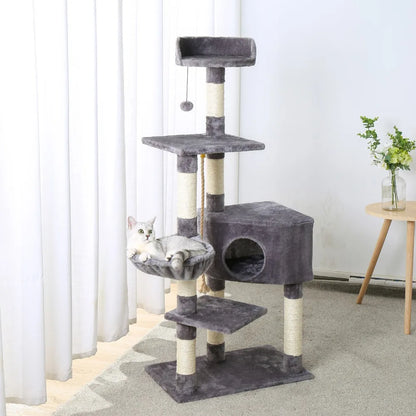 dark gray cat tree tower with cat sleeping in basket