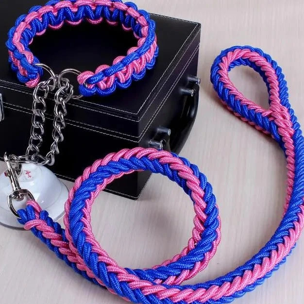 rope collar and leash set in pink and blue