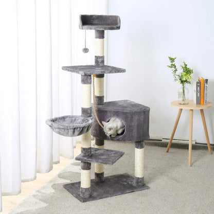 dark gray cat tree tower with cat in condo