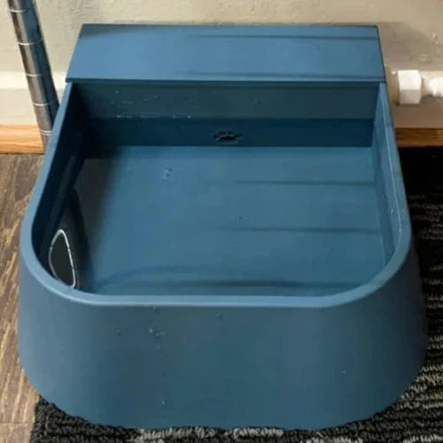 navy blue pet running water bowl shown used indoors