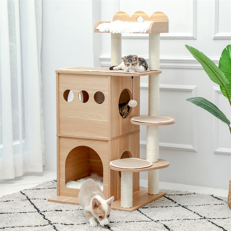 natural wood multilevel cat condo tower with padded perch