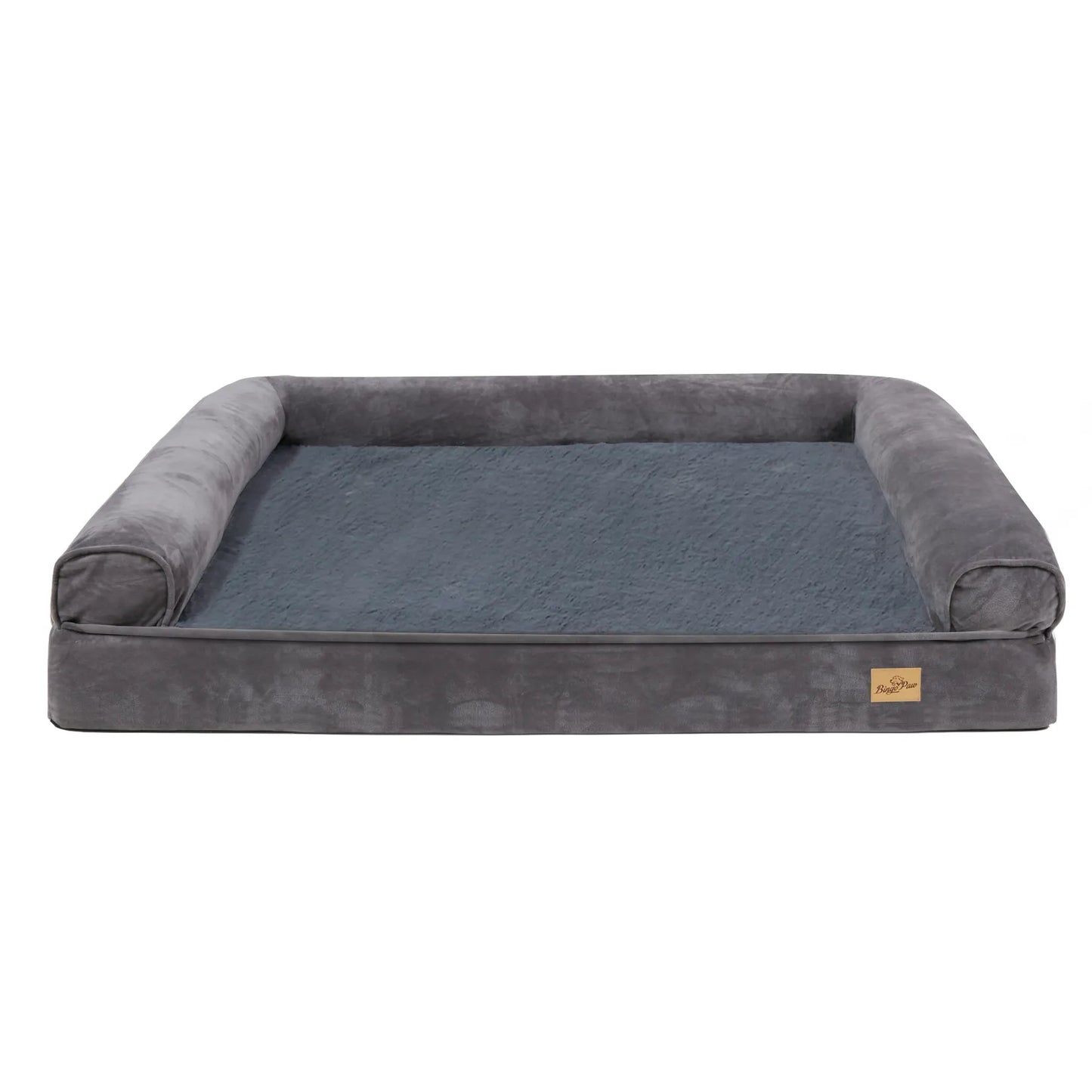 Gray orthopedic bolster dog bed for large dogs.