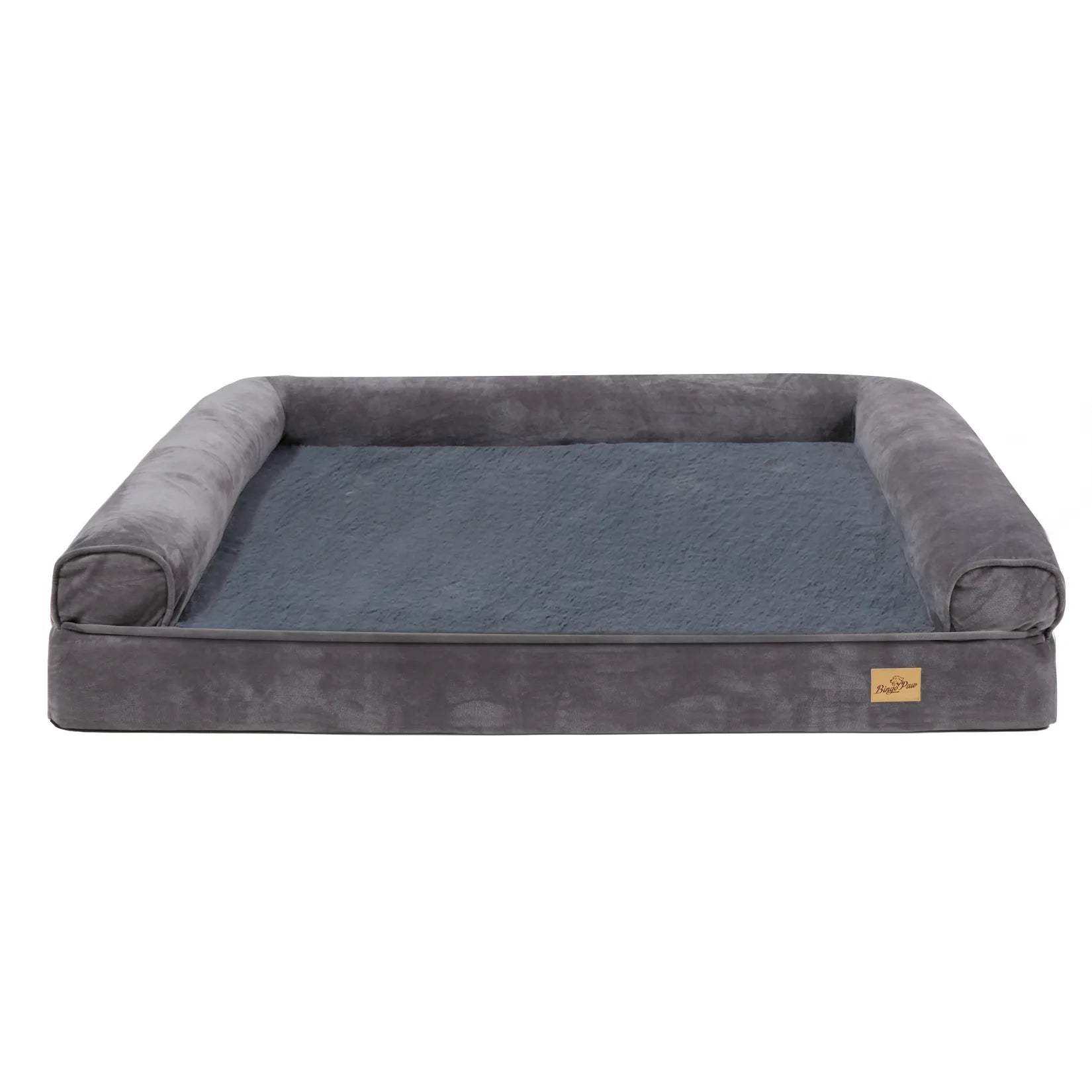 Gray orthopedic bolster dog bed for large dogs.