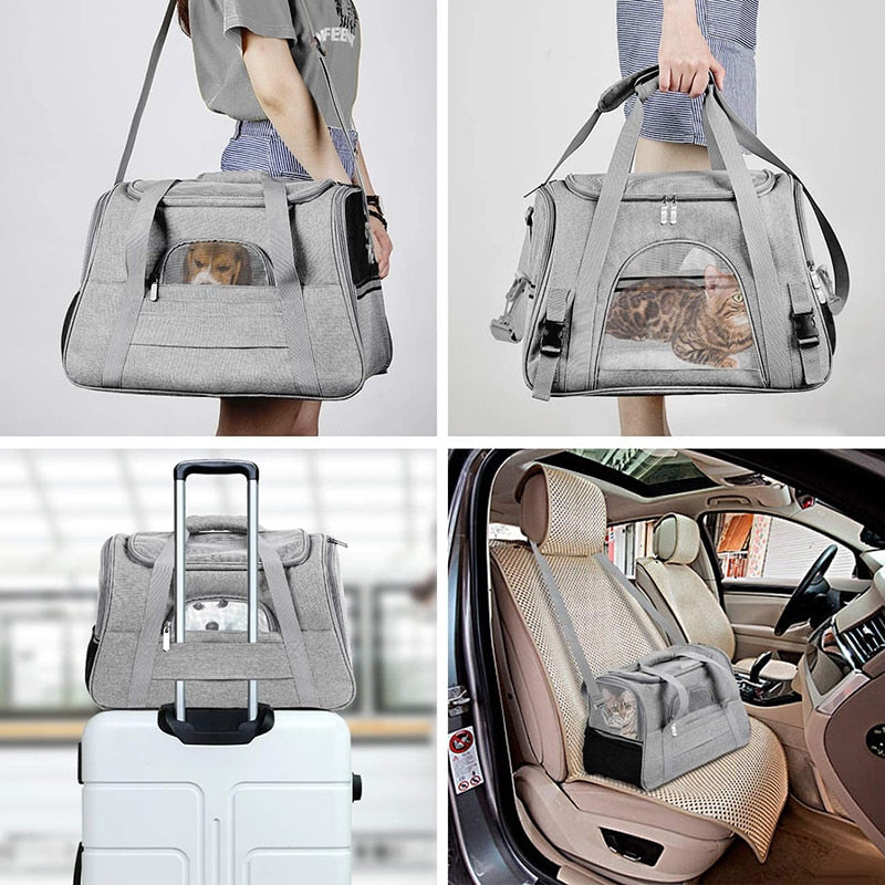 Product show of different use cases - shoulder wear, hand carry, attach to suitcase, and attach to vehicle seat.