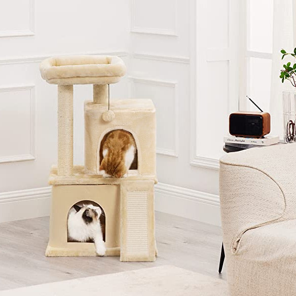 beige cat condo shown in room