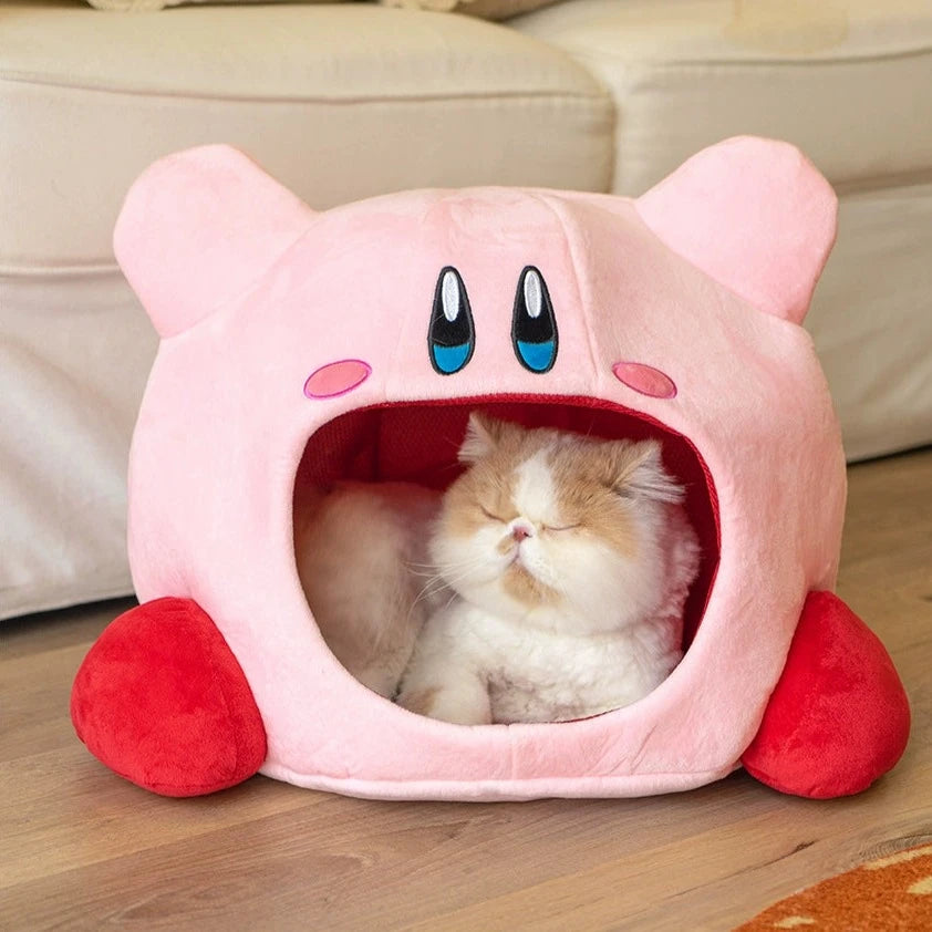 semi enclosed Kirby cat bed with sleeping cat inside