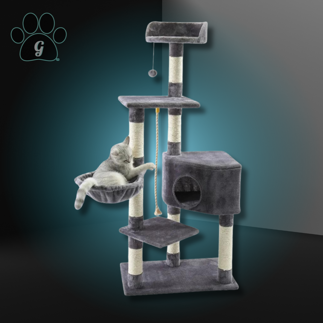 dark gray cat tree tower with cat sleeping in basket