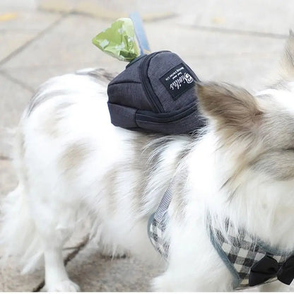 Product shown in black attached to the backside of a small dog.