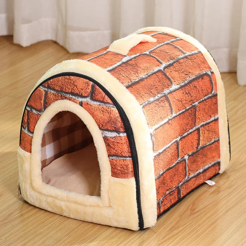 enclosed cat bed with brick print