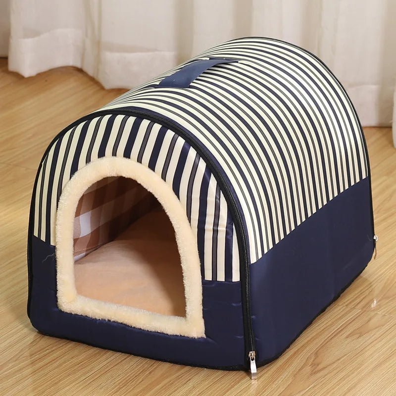 navy blue pinstriped enclosed cat bed