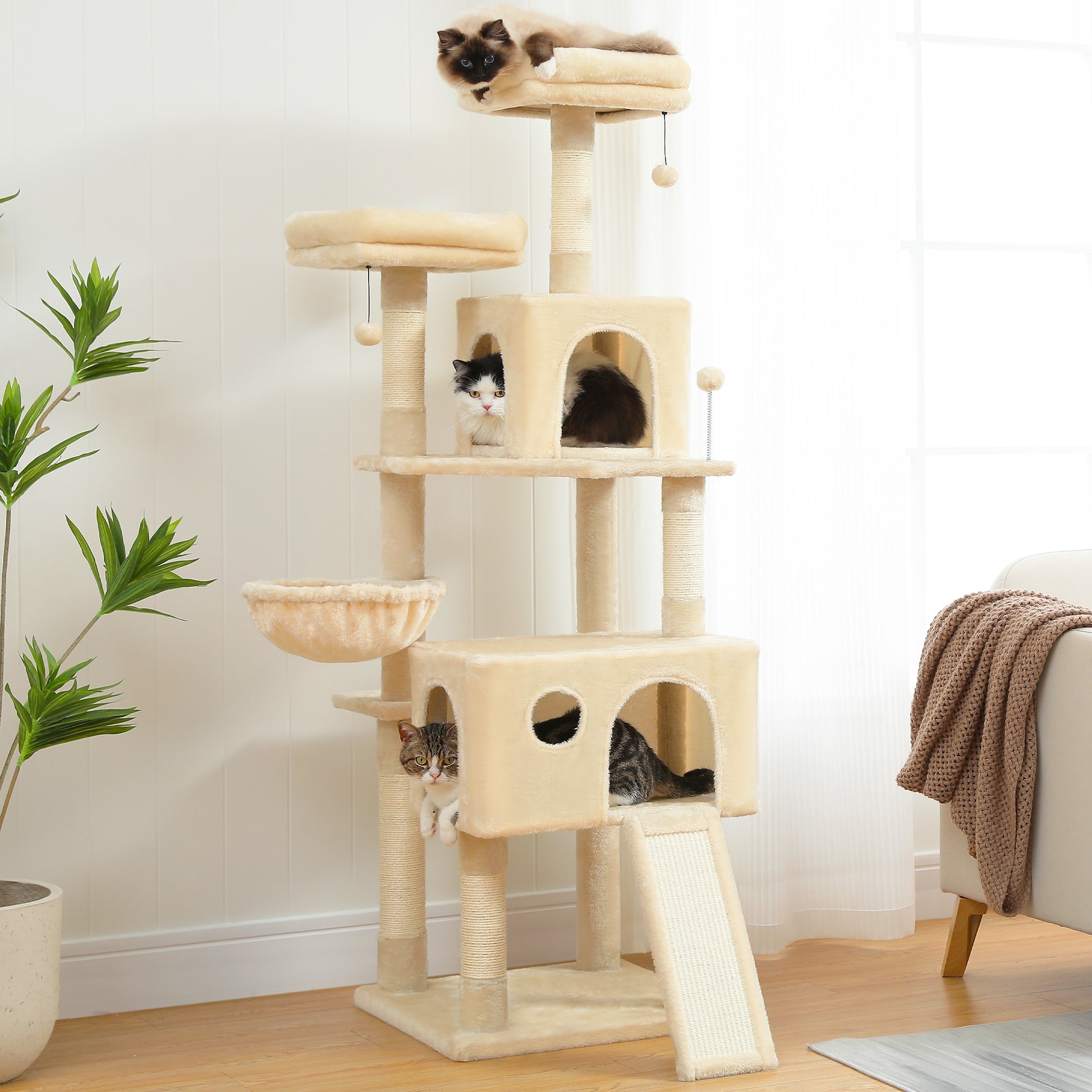 beige multilevel cat condo tower in room