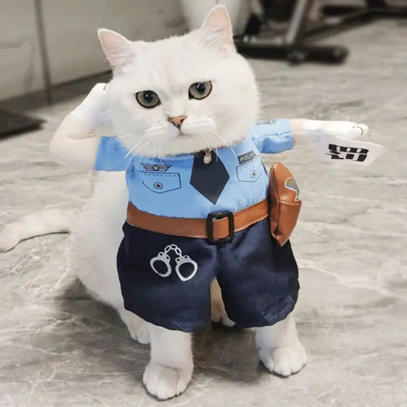 cat wearing police officer pet costume