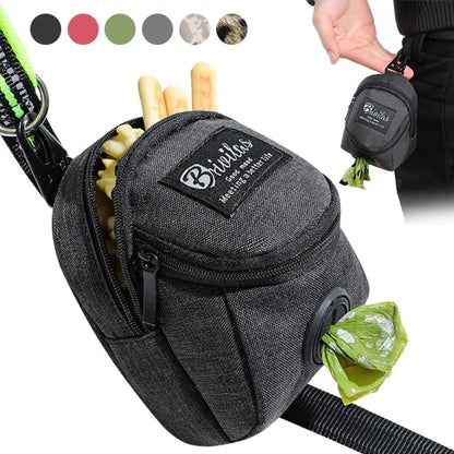 Portable dog training pouch with treat and bag holders, can be clipped.