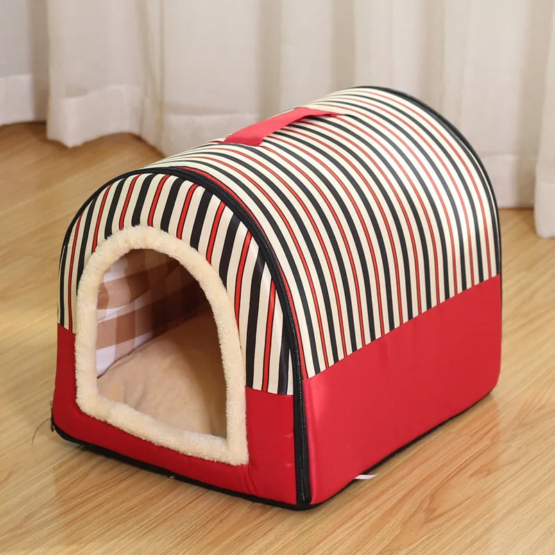 red pinstriped enclosed cat bed