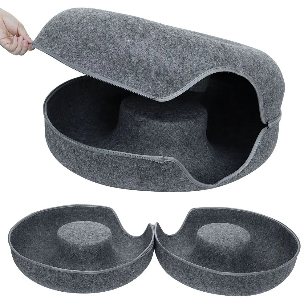 cat donut bed shown unzipped and disassembled