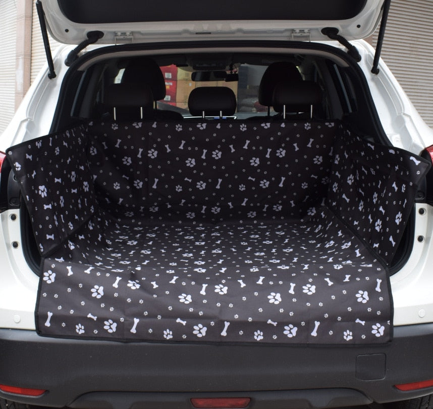 SUV or Van trunk pet carrier in black with white bone and paw prints