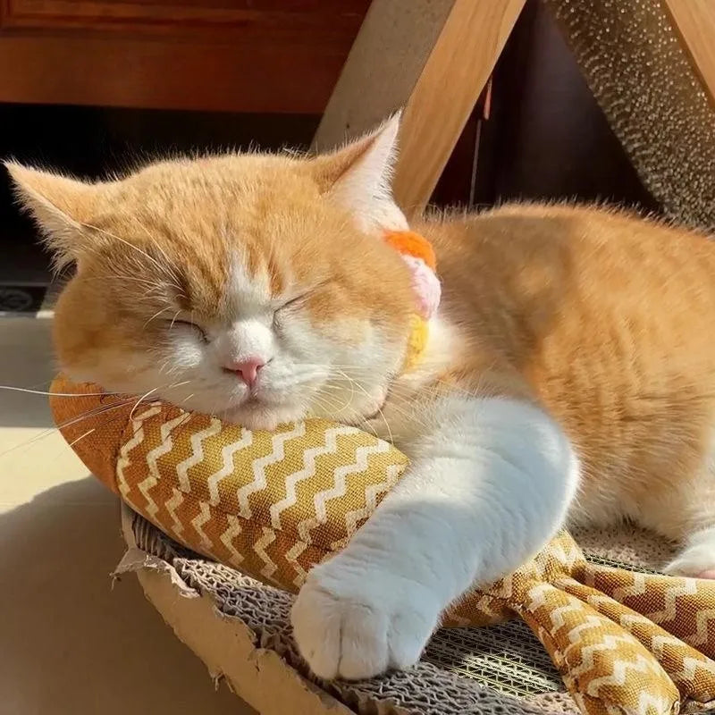 orange cat sleeping while holding yellow Koi fish toy