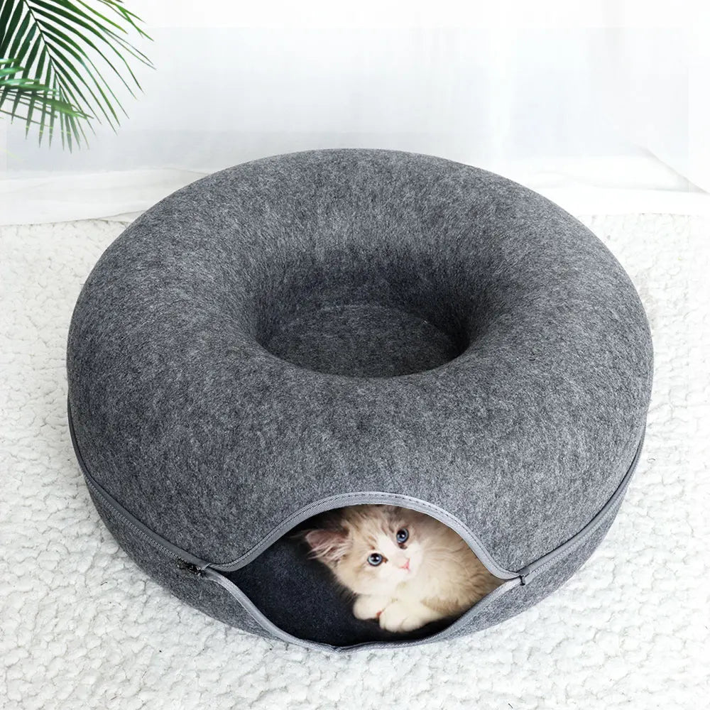 dark gray cat donut bed with kitten inside