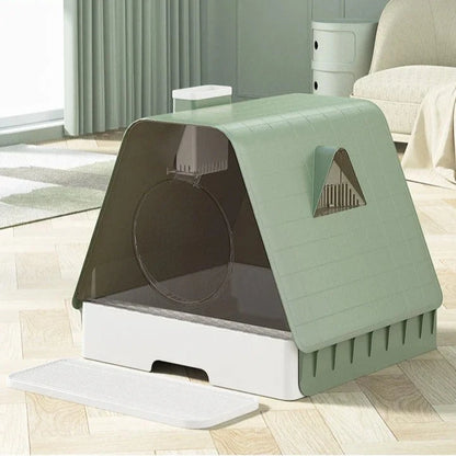 enclosed litter box on hardwood floors indoors